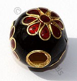 18k Gold Round Black Red Flower Enamel Beads